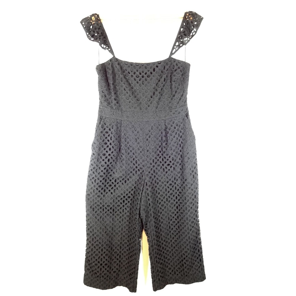 J. Crew Jumpsuit Womens Large 12 Black Eyelet Lace Wide‎ Leg Ruffle Summer Guest